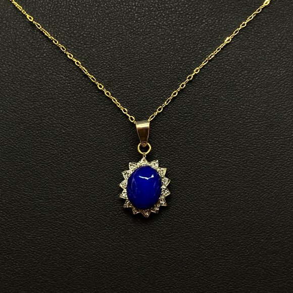 Vintage Blue Lapis Lazuli and Swarovski Crystal Pendant Necklace 18K Gold Elec - Picture 3 of 5